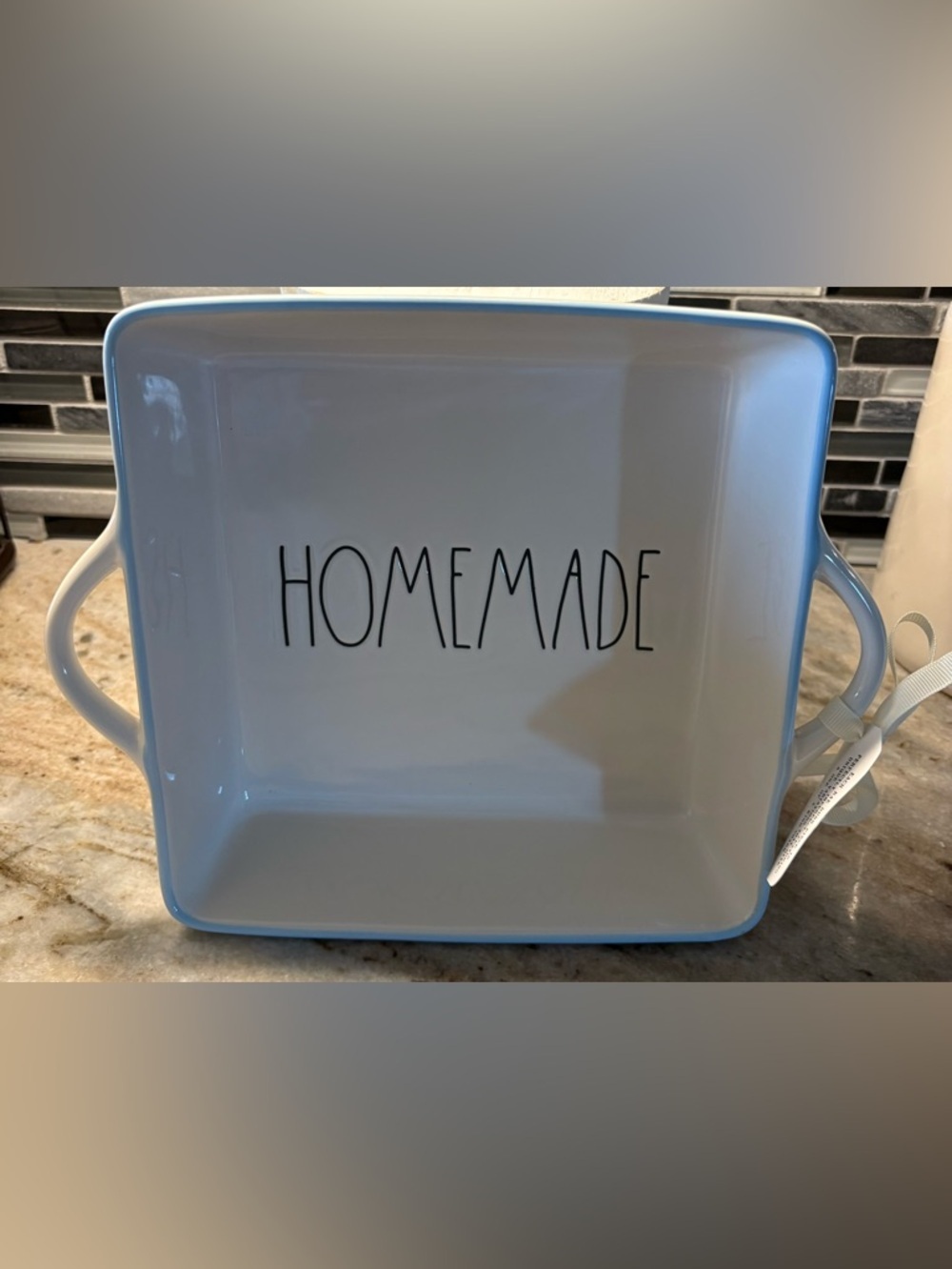 Rae Dunn White Ceramic 'HOMEMADE' Square Baker with Light Blue Edge
